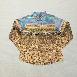 Vtg Wrangler Western Satin Cowgirl Horse Print Rodeo Pearl Snap Shirt Size M